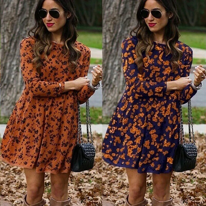 Popular 2022 European and American Loose Round Neck Long Sleeve Printed Polyester Comfortable Slim Casual Mini Dress Women's