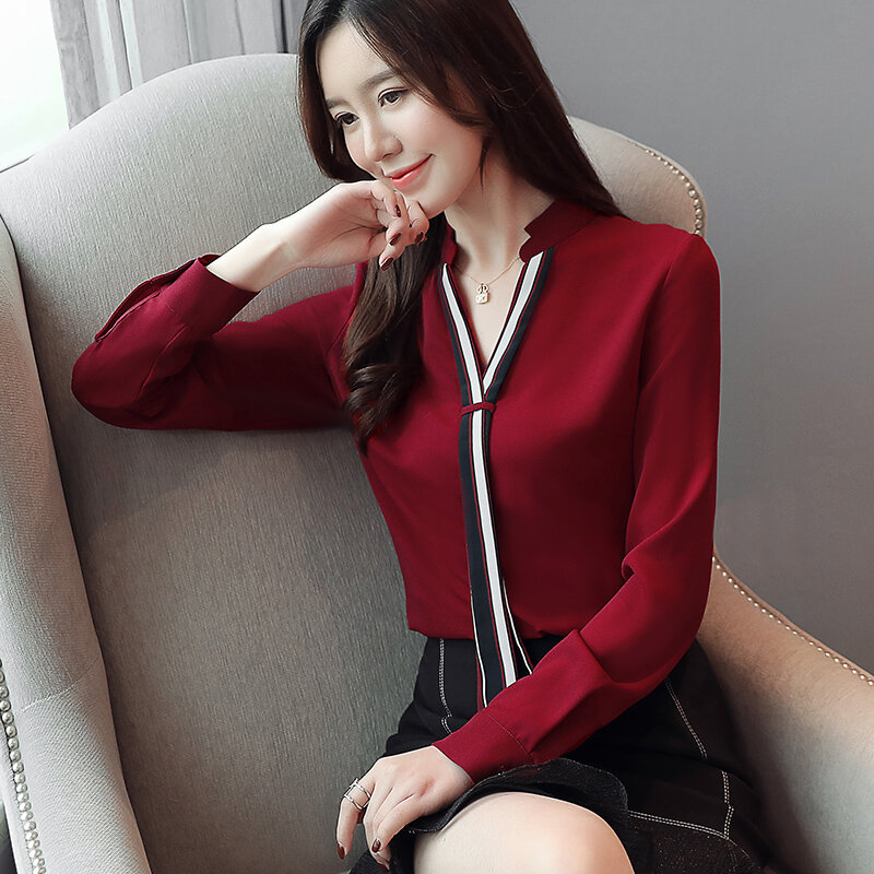 Atasan Kemeja Mode Korea 2021 Baru Blus Wanita Lengan Panjang Blusa Kemeja Sifon Kantor Garis Atasan Wanita Kerah V 800B