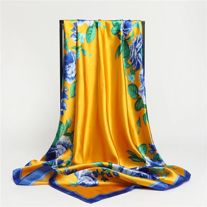 Impressão floral cetim seda hijab lenço quadrado feminino muçulmano envoltório silenciador xales heandband bandana neckerchief foulard 90*90cm