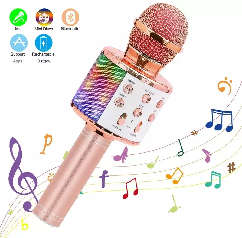 Micrófono de karaoke inalámbrico para niños, altavoz portátil con bluetooth, reproductor de KTV con luces LED de baile para el hogar, función de grabación