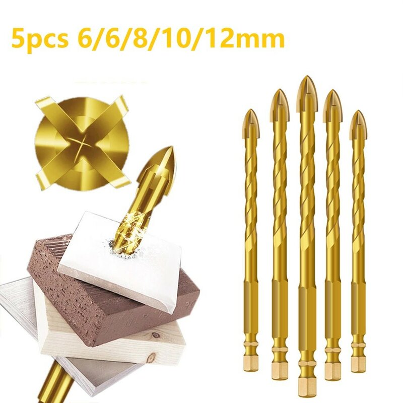 5pcs 6mm-12mm Glass Drill Bit Alloy Hole Opener 6.35mm Hex Shank Triangle 4 Cutting Edges Electric Drilling Pastiche Ceramic