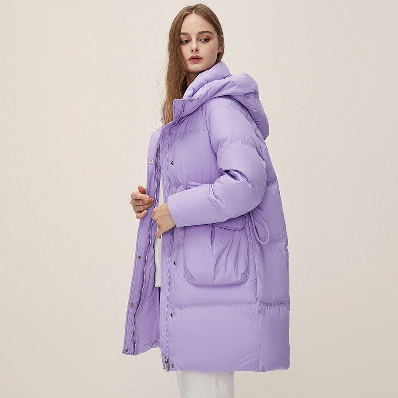 Women Hooded Down Coats Winter White Duck Jacket Mid Length Jackets Fashion Keep Warm Windproof Snap Zip Thick Cashmere Clothes