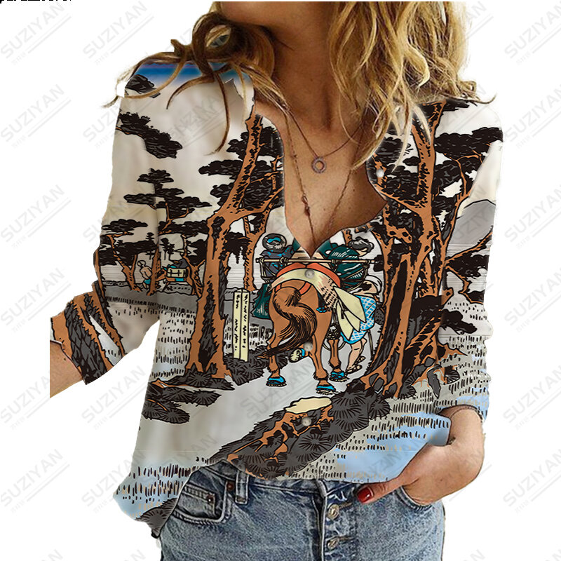 Camisa das mulheres japoneses pintados à mão impresso casual camisa de manga comprida Camisa moda personalizada emparelhado com diversão women'sclothing