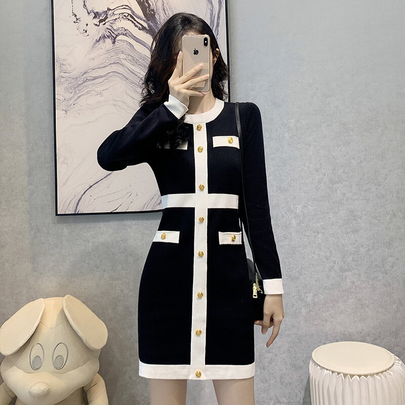 Vestido corto de punto para mujer, prenda elegante de manga larga con botones de retales, ajustado, para otoño, 2023