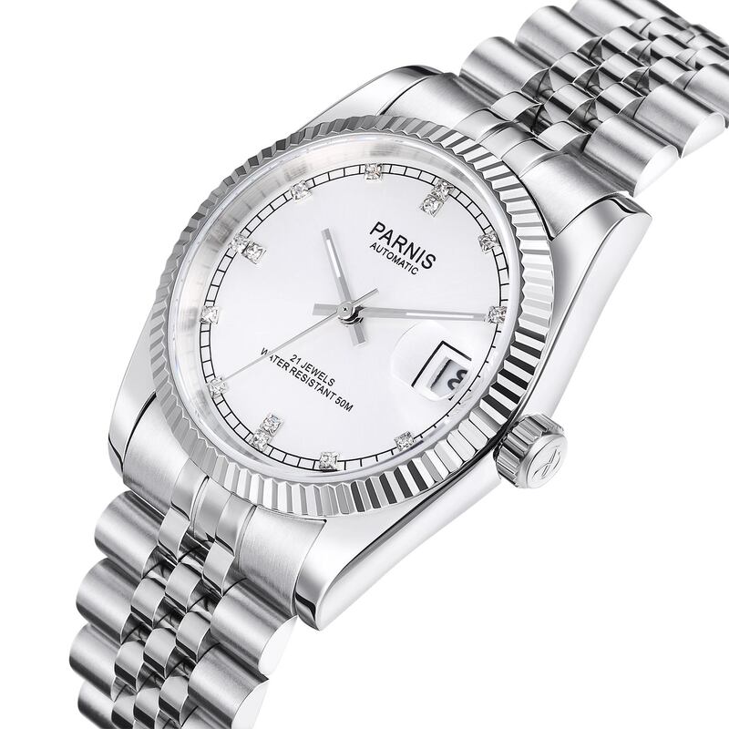 Moda parnis 36mm mostrador branco mecânico automático relógios masculinos safira calendário de cristal luxo homem relógio esportivo reloj hombre