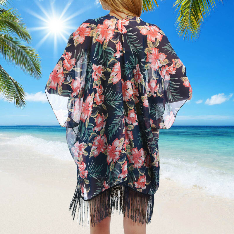 Mulher floral estampado meia manga xale chiffon kimono praia cardigan biquíni cobrir envoltório beachwear praia ao ar livre cobrir