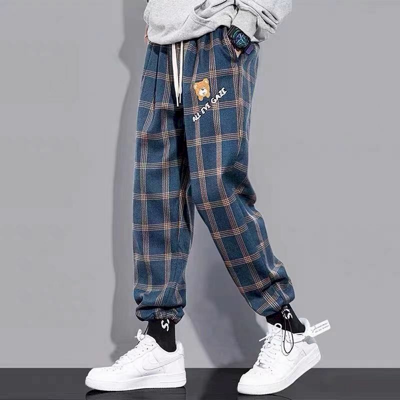 Streetwear azul xadrez calças dos homens corredores 2021 dos homens em linha reta harem calças homens com cordão coreano hip hop calças sweatpants