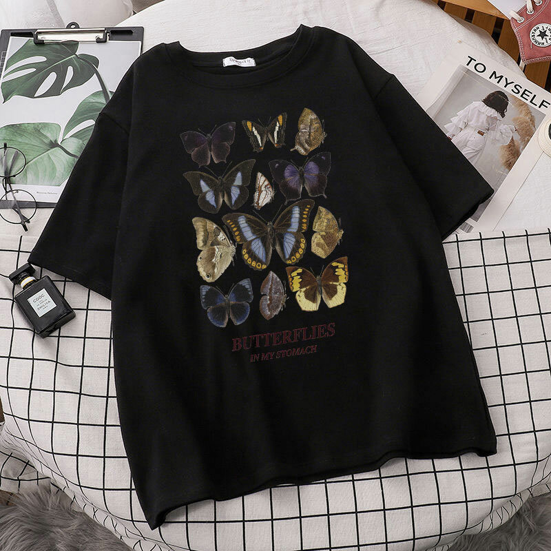 Camiseta feminina moda borboleta impressão camiseta casual solto manga curta camiseta harajuku camiseta de rua