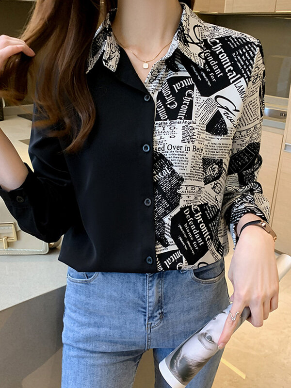 Camisa De manga larga con costuras para Mujer, camisa con letras De periódico para Mujer, Blusas De Moda De gasa para Mujer 2022
