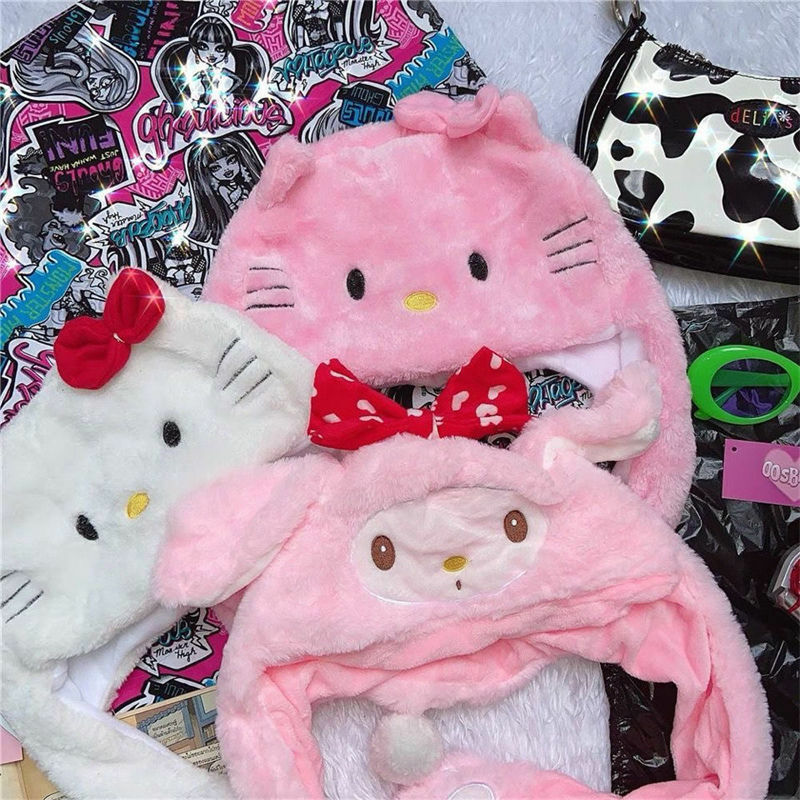 Hello Kitty – chapeau en peluche, mignon, doux, beauté brute, en trois dimensions, chaud, coupe-vent, automne et hiver