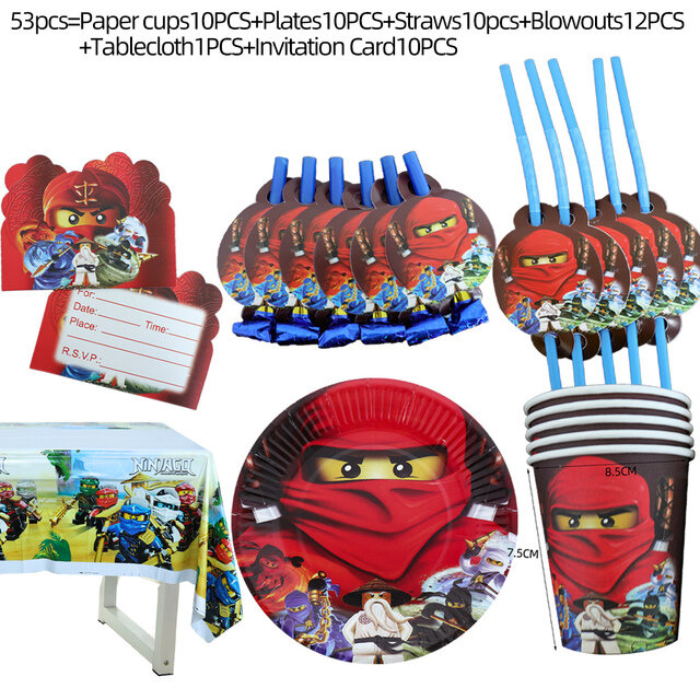 อุปกรณ์ For10-20เด็กใช้ Ninja Theme Birthday Party ตกแต่งชุด,จาน + ถ้วย + ฟาง + แบนเนอร์ + Tablecover