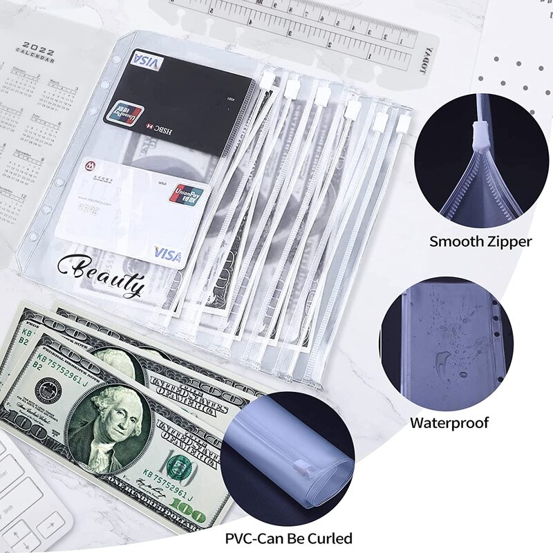 Carpeta de cuero sintético A6, organizador con sobres transparentes para efectivo, hojas de presupuesto y etiquetas adhesivas, para ahorro de dinero