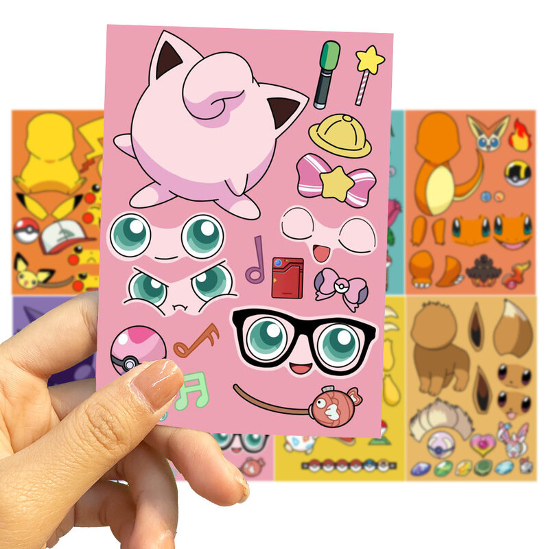 16 Vellen Kinderen Diy Puzzel Sticker Pokemon Face Grappige Anime Pikachu Assembleren Stickers Kids Speelgoed Jongens Meisjes Geschenken