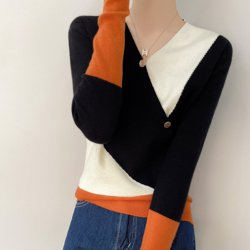 2022 Spring Autumn New V-neck Fake Cardigan Pullover Color-Blocking Sweater Fashion Slim Bottoming Knitted Sweater Long-Sleeved