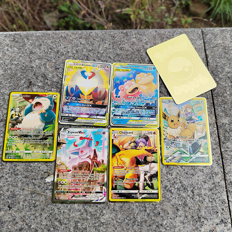 Iron Metal Pokemon Cards Shiny Letters Lucario Eevee Snorlax Charizard Mewtwo Pokémon GX Vmax EX Game Collection Children Toys