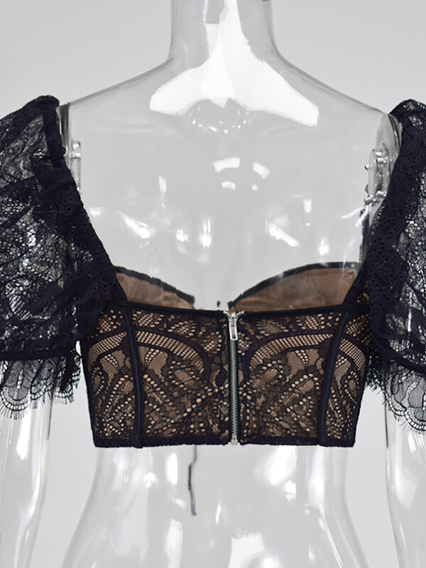 NewAsia Stretch Lace Corset Top Embroidered Sexy Blouse See Through Underwire Blouses Billowy Sleeve Crop Top Square Collar 2020
