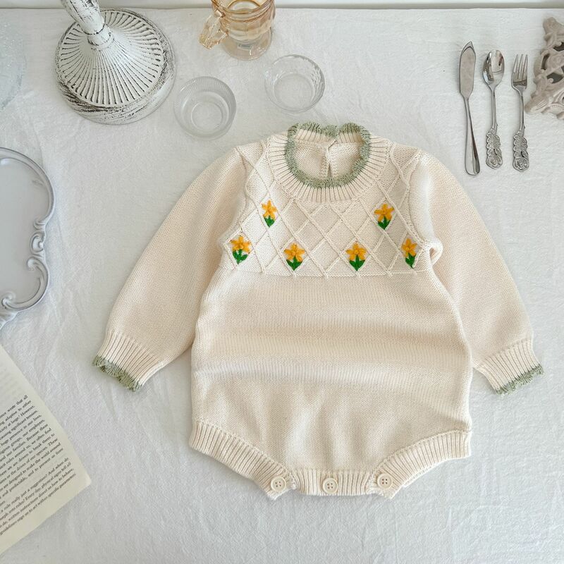 ベビーニットの花のロンパース,女の赤ちゃんのための長袖カーディガン,子供のためのニットロンパースの服