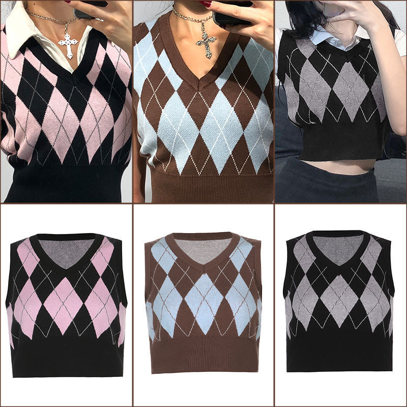 Argyle Sweater American College Style V-neck Gray Powder Blue Diamond Check Woolen Undershirt Fashion Versatile Sleeveless Tops