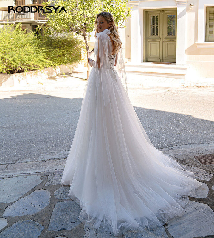 RODDRSYA Boho Gaun Pernikahan Glitter Modern Manik-manik Renda Applique Gaun Pengantin Gading Tali Busur Korset Tulle Gaun Pernikahan Putri