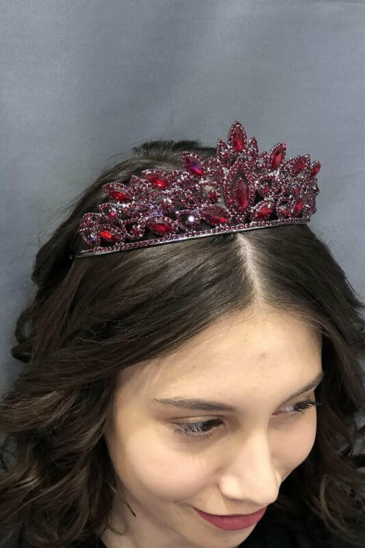 Women Red Crystal Cubic Zirconia Henna Bridal Tiara Charming Bridal Crown wedding Hair Accessories for 2022 Marriage