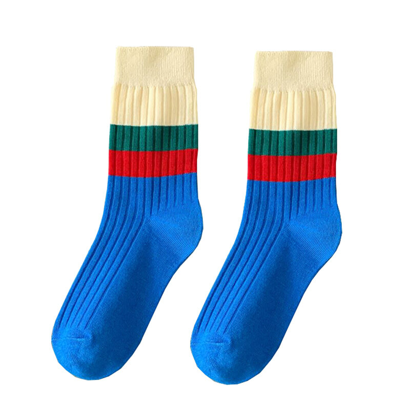 Pure Cotton Woman Socks Warm Winter Blue Green Red Striped Patchwork Color Mid Tube Sokken Femme Korea Harajuku Calcetine 1 Pair