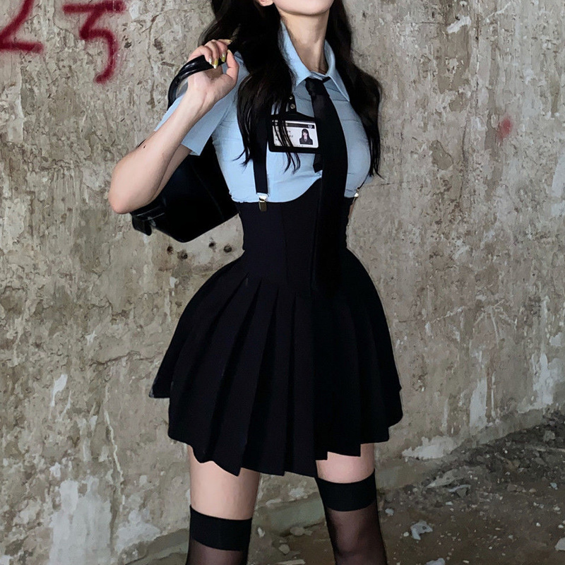 Houzhou Preppy สไตล์สตรี2ชิ้นชุดเสื้อเซ็กซี่ชุดสูงเอวรัดตัวสายคล้องคอกระโปรงมีจีบ VINTAGE School Uniform Suit