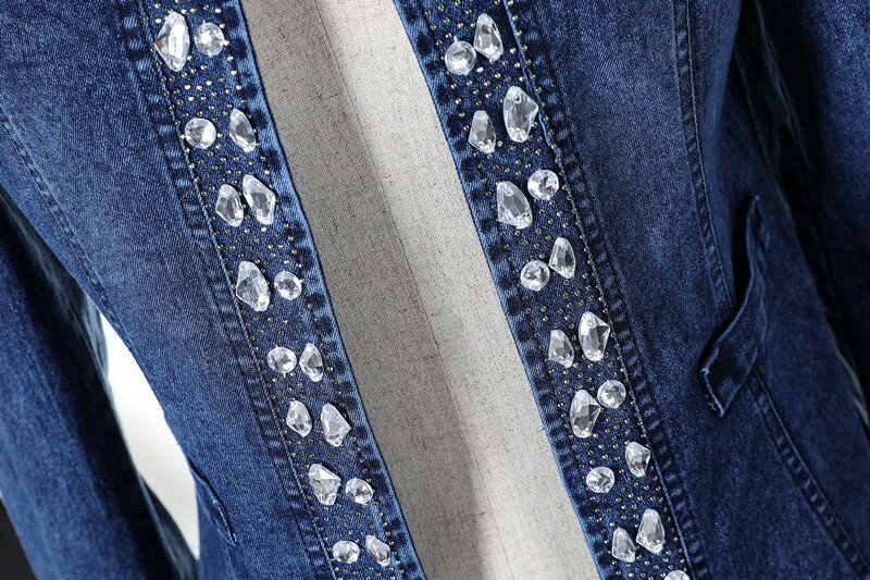 Vintage Cardigan Diamonds Crystal Sequins Casual Spring 2022 New Denim Jacket Zipper Long-Sleeved Denim Coat Female Tops 862B