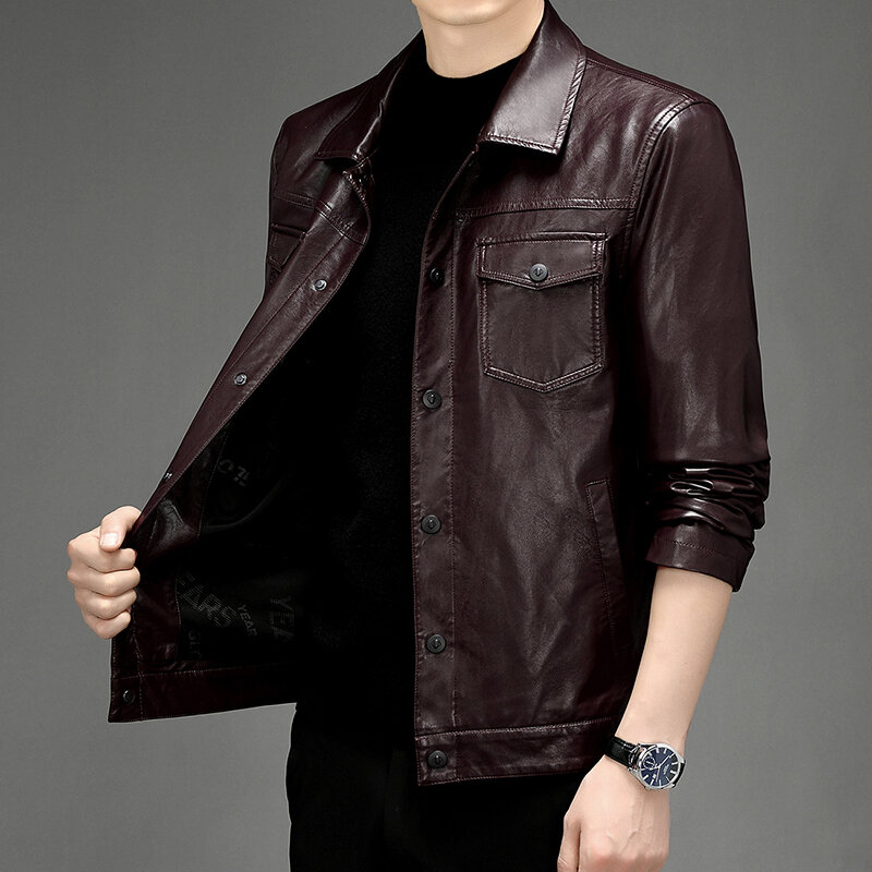 Autumn and Winter Haining PU Leather Men's Leather Jacket Slim Fit Lapel with Velvet Thick Leather Jacket Casual Trend Coat