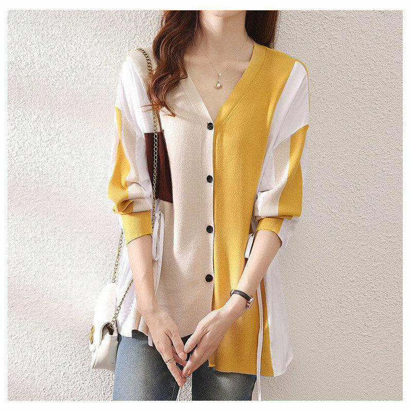 Cárdigan de punto con cuello en V para mujer, blusa asimétrica holgada de Color contrastante de una sola botonadura, moda coreana, otoño