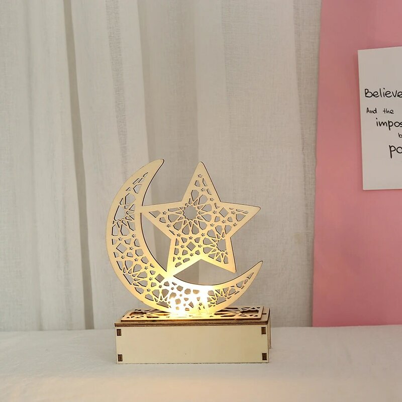 Luz LED de madera con forma de Luna para decoración del hogar, adorno de escritorio con letras artesanales, Eid, Mubarak, Islam musulmán, Ramadán, Festival musulmán