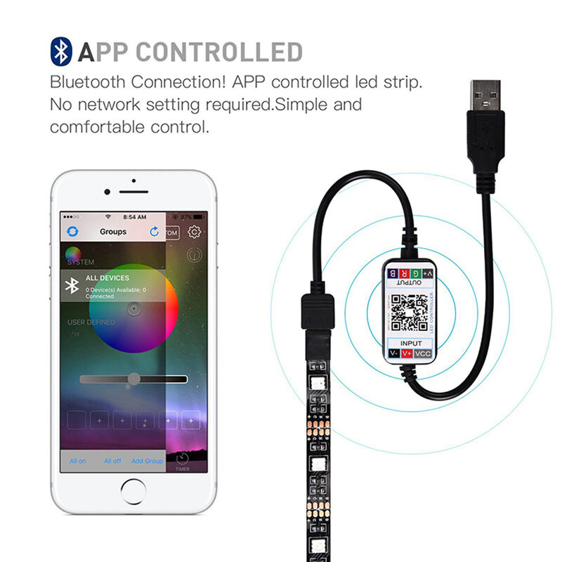 USB RGB LED Strip Lampu + Bluetooth Kontrol 5V 5050 30LED Smart Fleksibel Tape Tahan Air Ponsel App Kontrol TV Backlight