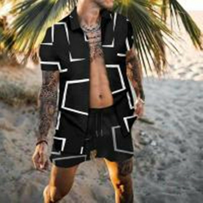 2022 جديد هاواي الرجال مجموعة موضة الهندسة طباعة الصيف كم قصير زر قميص شورتات للبحر الشارع الشهير الرجال دعوى 2 Piece