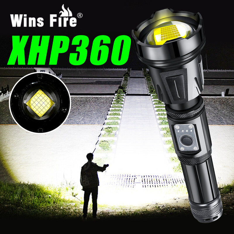 Xhp360 leistungs starke LED-Taschenlampe Taschenlampe USB wiederauf ladbare Aluminium legierung taktische Blitzlicht wasserdichte zoombare Taschenlampe