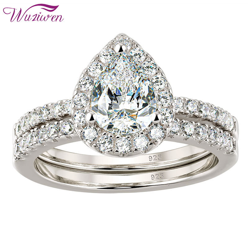 Wuziwen Yellow Rose White Gold Engagement Ring Bridal Set For Women 925 Sterling Silver Tear Drop Shape AAAAA CZ Wedding Jewelry