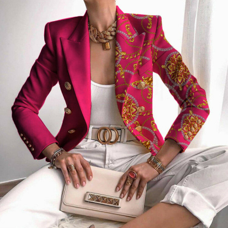 Elegant Short Coat Women Blazer Fashion Print Double Breasted Autumn Winter Lapel Long Sleeve Slim Suits Jacket for Office Lady