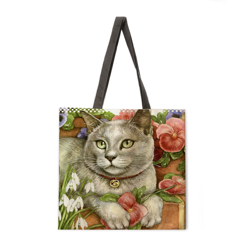 ถุงช้อปปิ้งนำกลับมาใช้ใหม่ Cat & Life พิมพ์กระเป๋าสะพายของผู้หญิงถุงผ้าลินินกลางแจ้งกระเป๋าชา...
