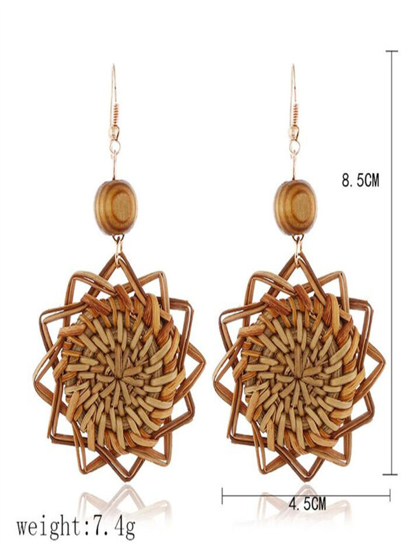 Wood vintage jewelry earrings, handmade round rattan wooden bead earrings