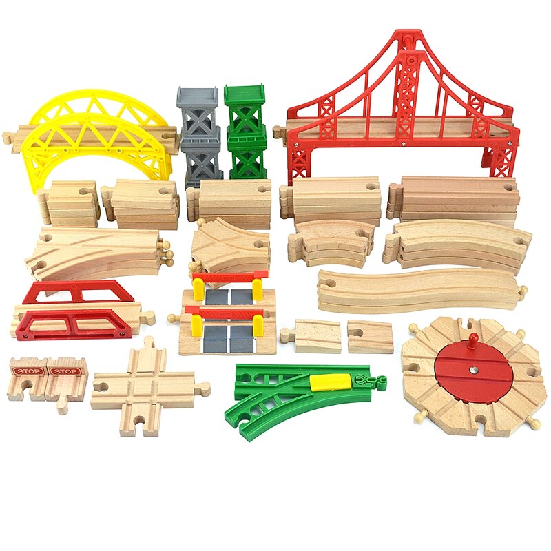 Wszystkie rodzaje drewniane akcesoria do torów drewno bukowe pociąg kolejowy zabawki na tor pasują do wszystkich marek Biro drewniane tory zabawki dla dzieci