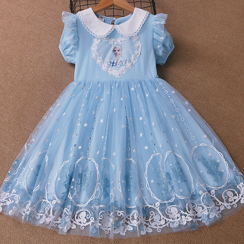 Meninas de festa princesa vestido 2022 verão moda boneca colarinho bebê menina malha vestidos congelados crianças elsa criança manga curta roupas