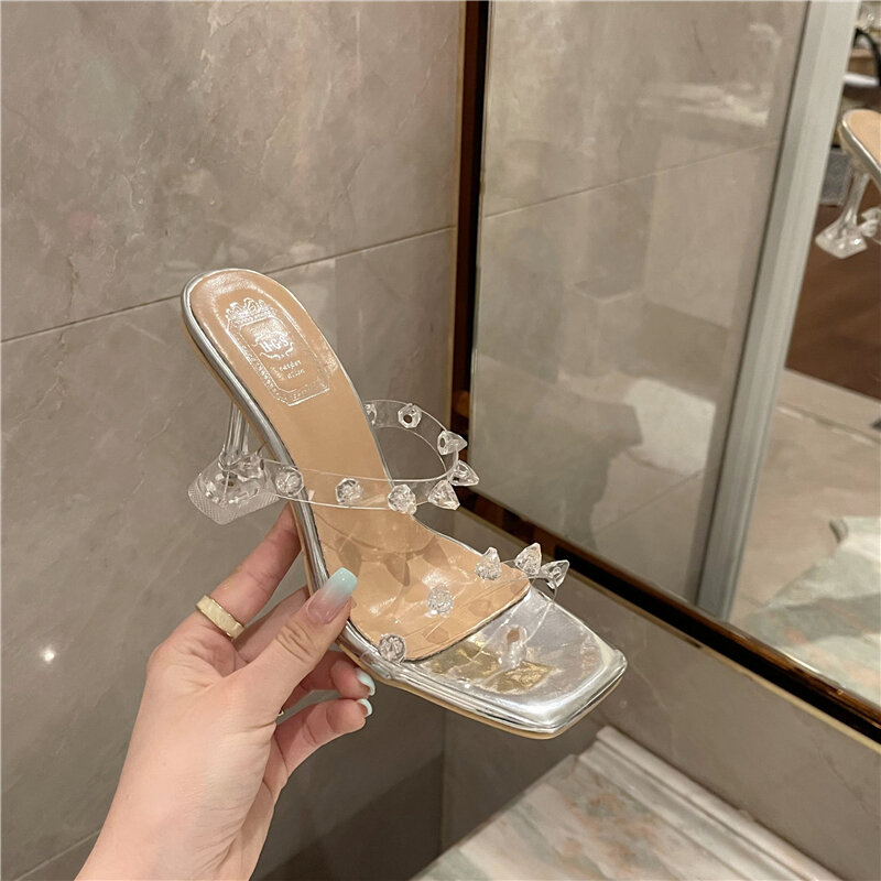2022 novo strass transparente sandálias femininas salto fino verão sexy dedo do pé quadrado salto alto crystall chinelos