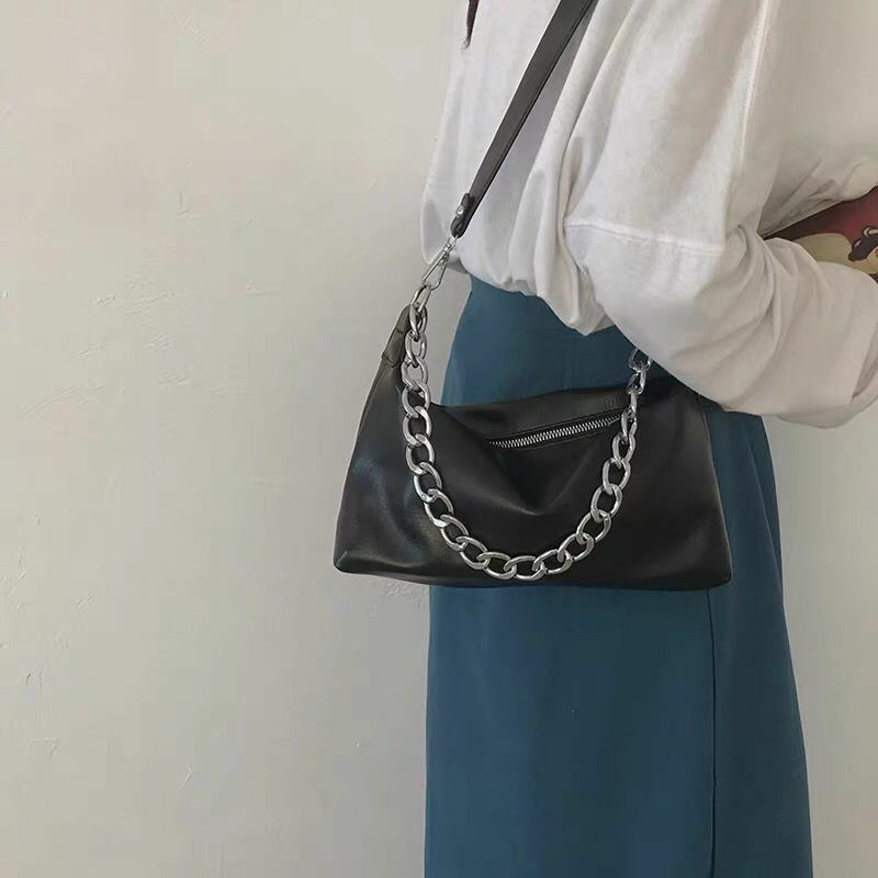حقيبة كتف موجزة رخيصة المرأة الرغيف الفرنسي حقيبة مع سلسلة الصلبة بو حقائب يد جلدية للنساء