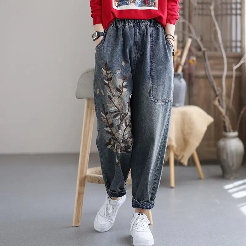 Pantalones vaqueros informales de cintura alta para mujer, Vaqueros bombachos holgados de estilo coreano, bordados Vintage, otoño e invierno, novedad de 2022