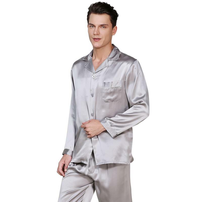 Pyjama deux pièces en soie 100% pour homme, couleur unie, manches longues, vêtement de nuit de luxe pour dormir