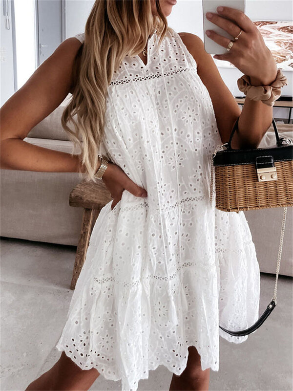 Hirigin-vestido blanco bohemio de verano para mujer, ropa informal sin mangas, con volantes, de encaje liso, con cuello en V