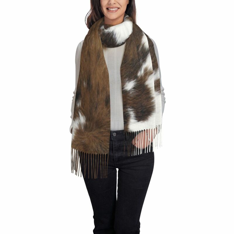 Bufanda de textura de piel de vaca simulada para mujer, chal largo de invierno cálido con borlas, chal Unisex