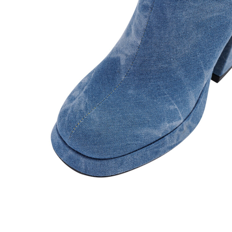 รองเท้าบูทแพลตฟอร์มผ้ายีนส์สำหรับ2023ใหม่สำหรับฤดูใบไม้ผลิรองเท้าบู้ทส้นหนาหัวมนดีไซน์เน...