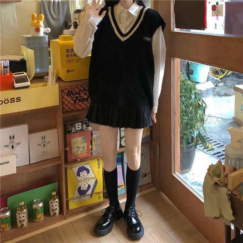 Deeptown estilo coreano listrado camisola colete feminino preppy moda sem mangas com decote em v malha jumper feminino outono do vintage pulôver