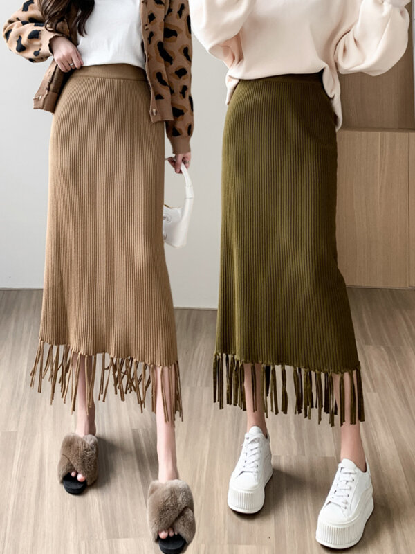 Jupe droite en tricot effilochée pour femmes, nouvelle collection automne et hiver, jupe droite cintrée à taille haute, fendue à l'arrière, une étape