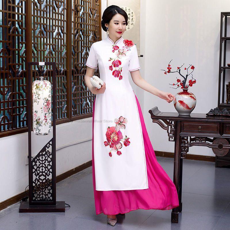 여성용 전통 꽃 자수 드레스, 오리엔탈 아오다이, 베트남 치파오, 치파오 민속 스타일, 아오다이 드레스