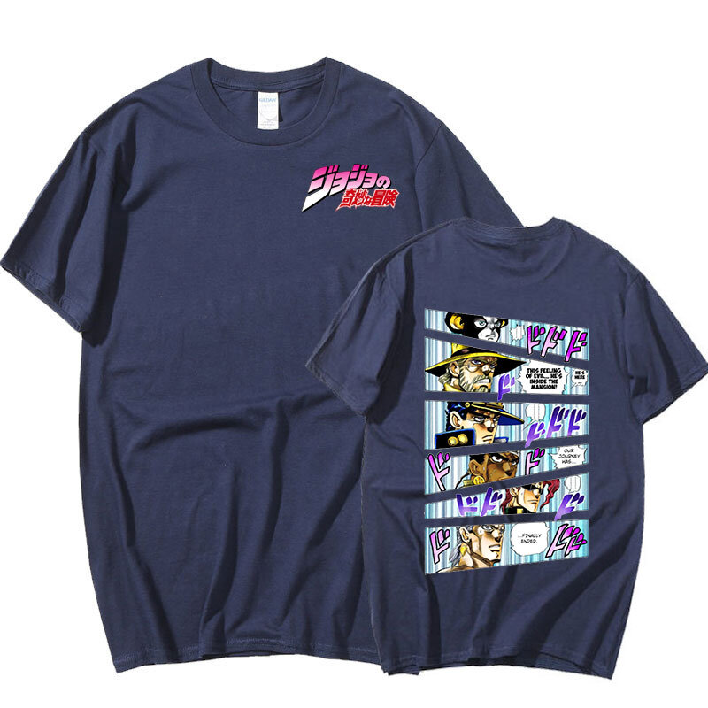 Lato mężczyźni topy śmieszne Cartoon T-shirt Streetwear moda Unisex koszulki z nadrukami japońskie Anime Jojo Bizarre Adventure mężczyzna T koszula
